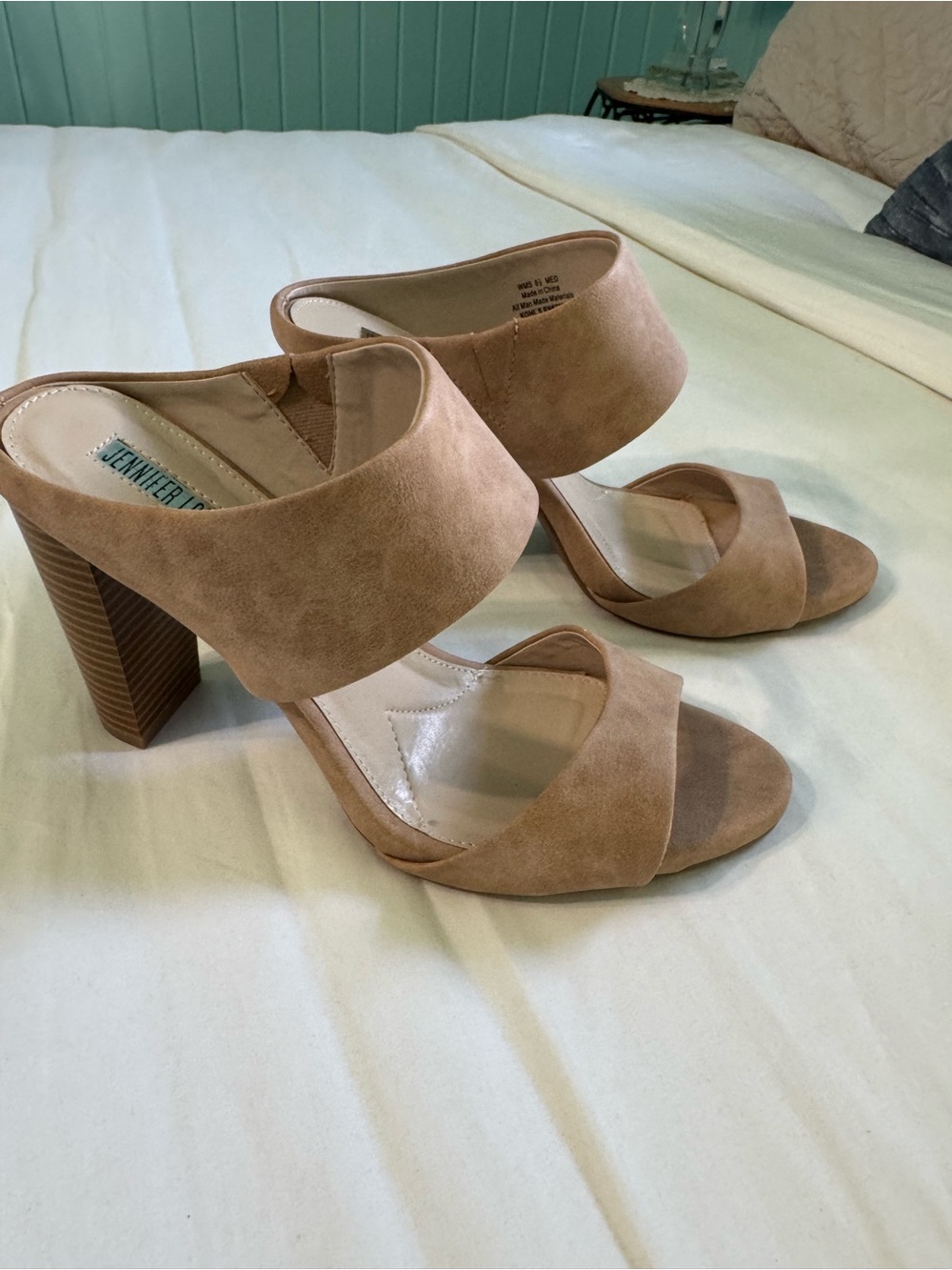 Jennifer Lopez Nude Tan Suede Double Band Block Heel Mules